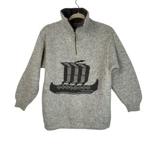 Vilnoniai Mezginiai Gray Wool Viking Ship Sweater 100% Wool Medium Nordiccore